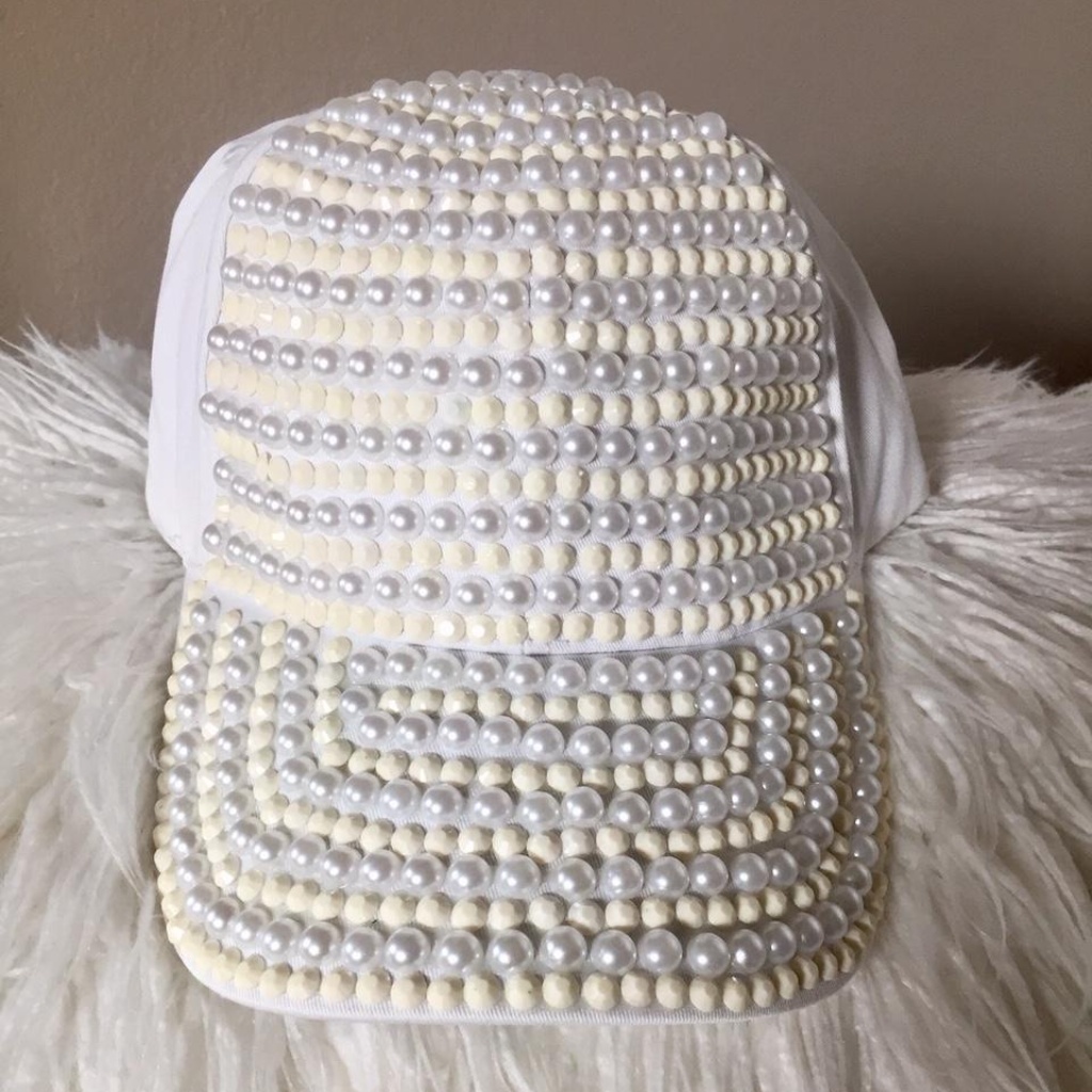 New White Cotton Beaded Adjustable Baseball Hat
